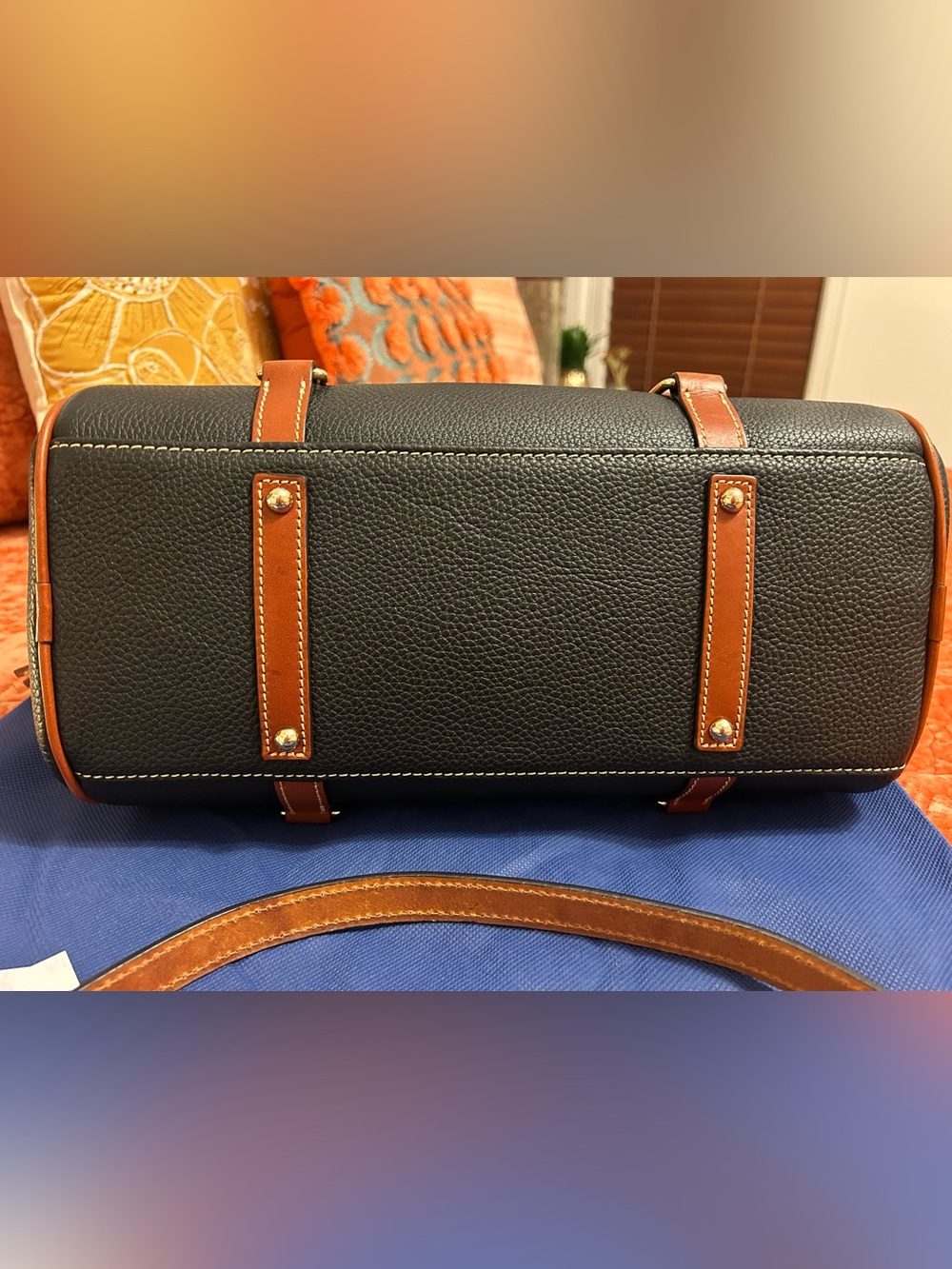 Dooney & Bourke Black Pebbled Leather Satchel with Brown Trim and Gold Hardware - Picture 13 of 16